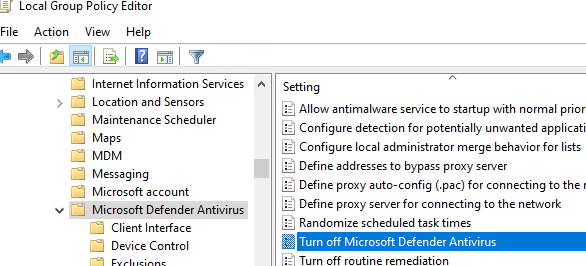 Turn off Windows Defender Antivirus using GPO