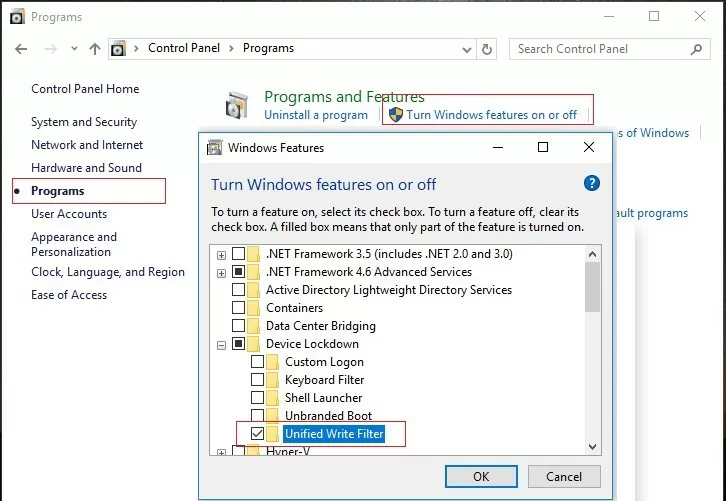 enable Unified Write Filter in windows 10