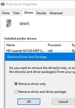 Uninstall printer driver package
