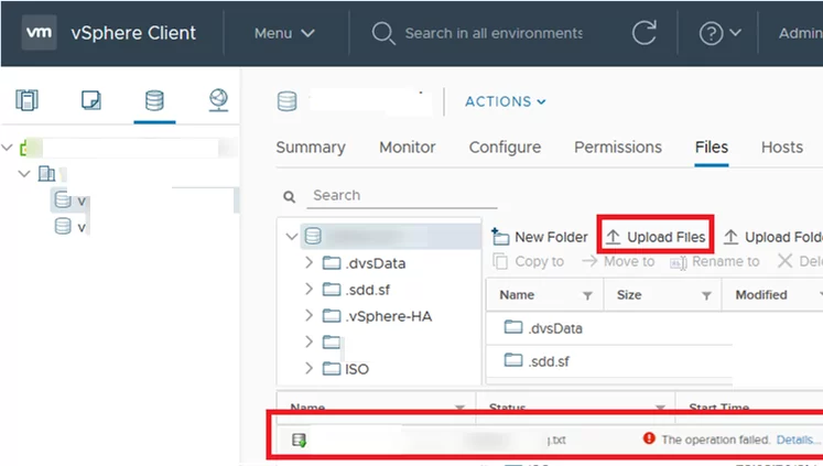 vsphere upload file to vmfs datastore - the operation failed error