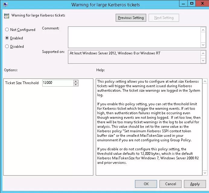 Warning for large Kerberos tickets 