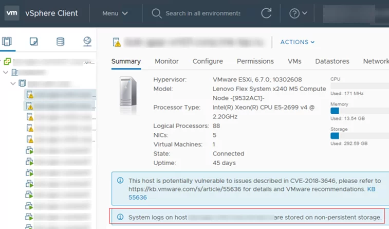 warning: System logs on vmware esxi host are stored on non-persistent storage