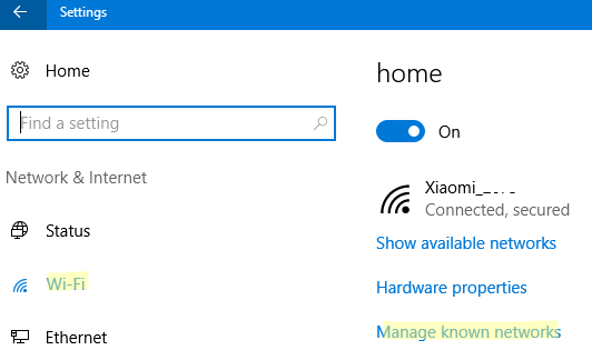 windows 10 control panel manage known wifi networks