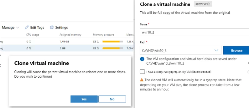 Windows Admin Center: clone a vm with sysprep